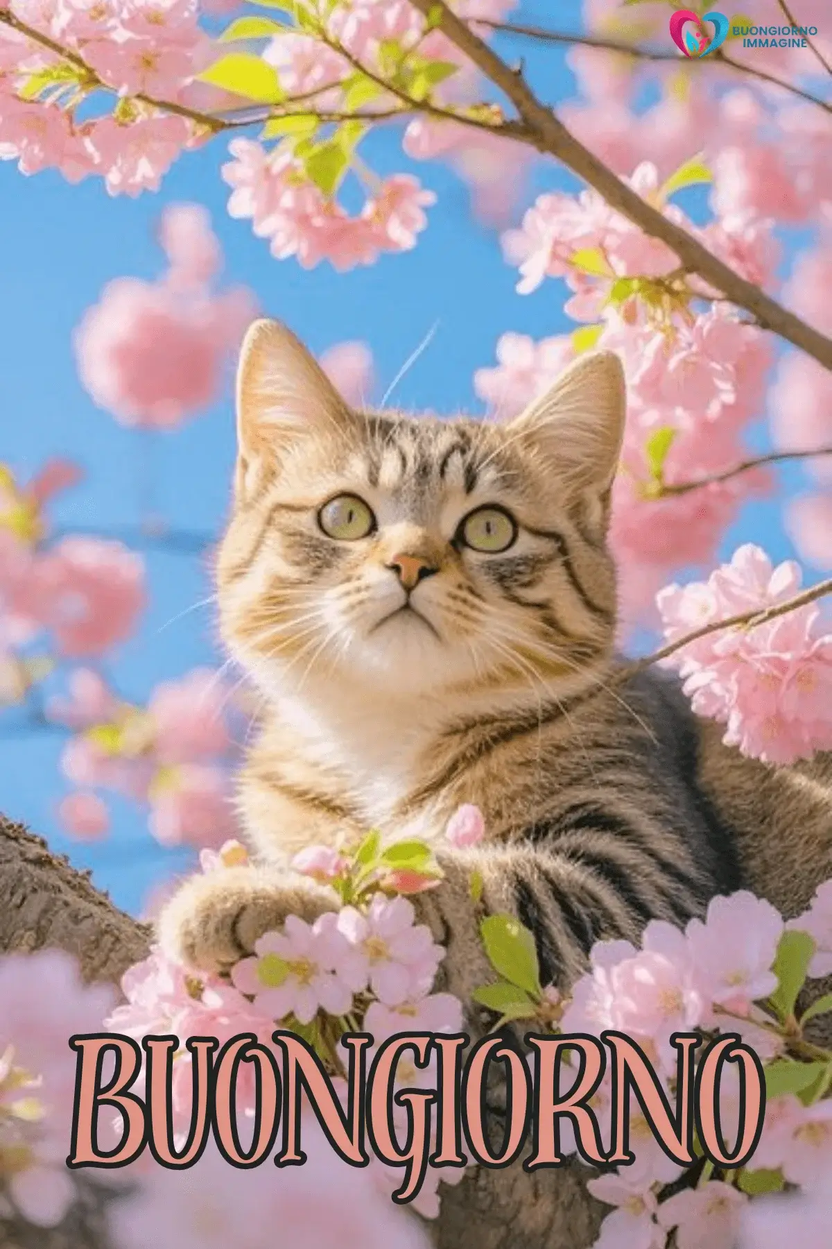 Buongiorno tenero con gattino sui rami