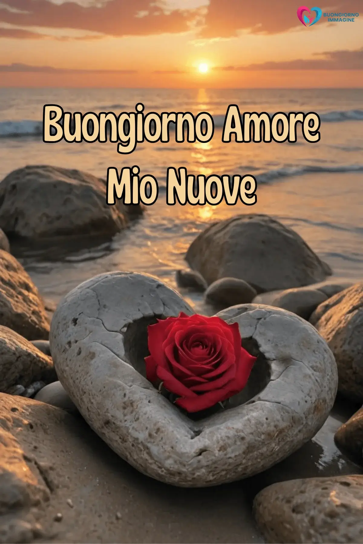 Buongiorno con rosa rossa su pietra a cuore