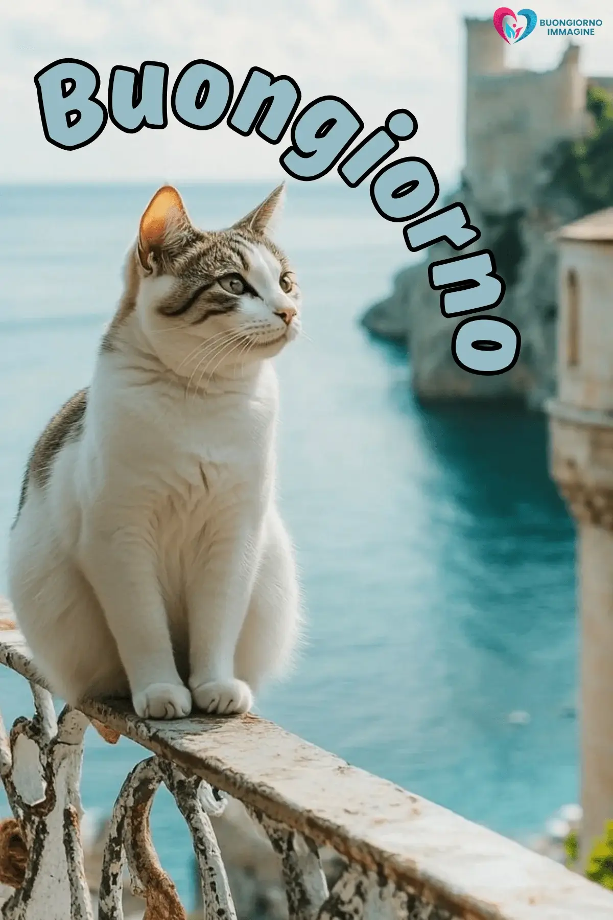 Buongiorno gatto bianco mare azzurro