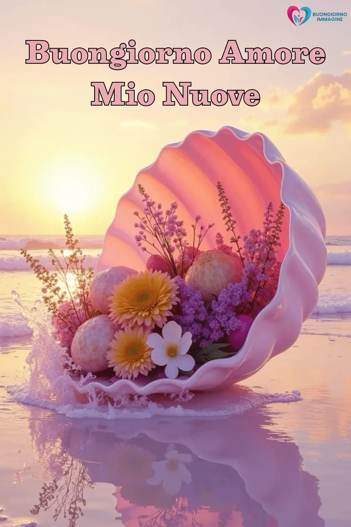 Buongiorno romantico con fiori nella conchiglia