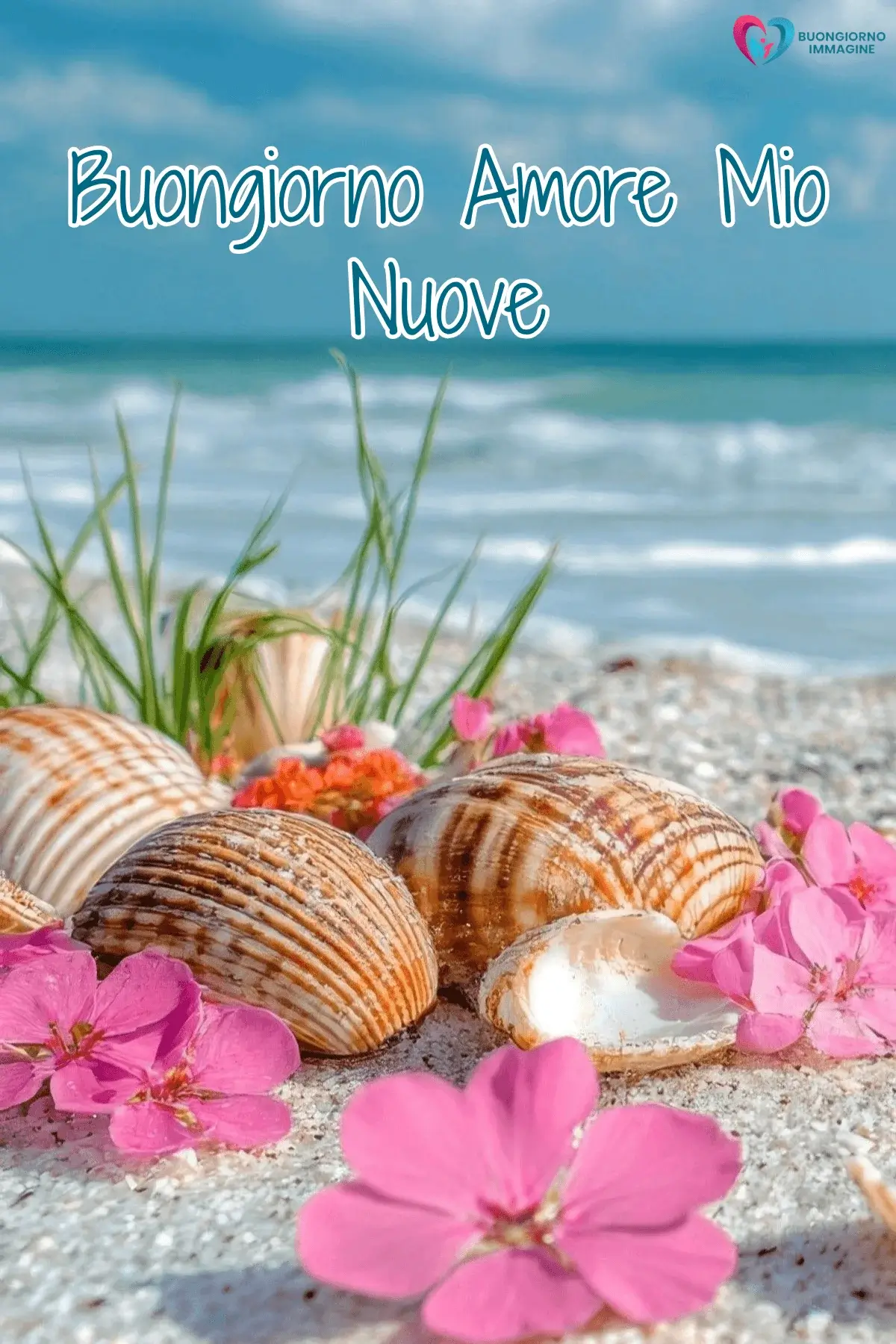 Immagini buongiorno con conchiglie sulla sabbia