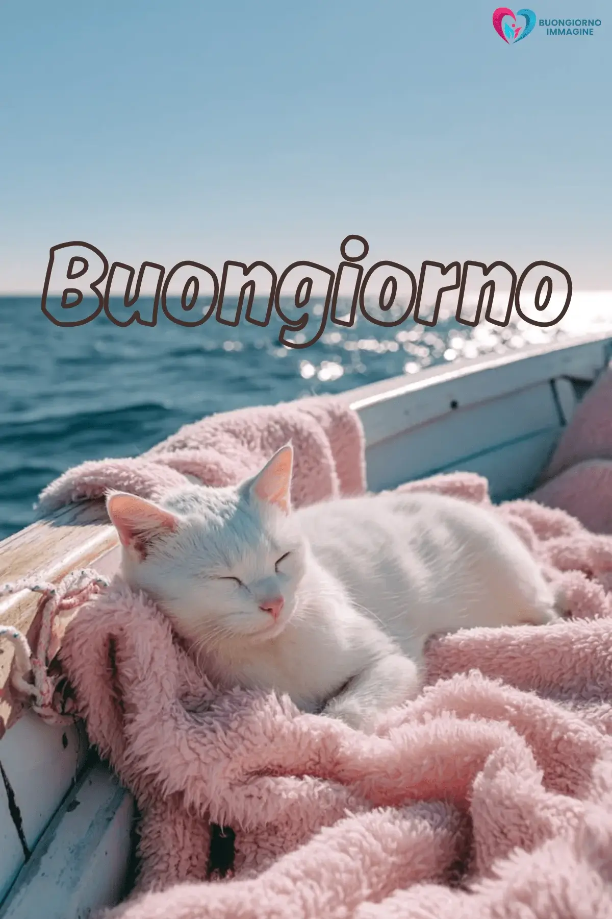 Buongiorno gattino bianco su coperta rosa