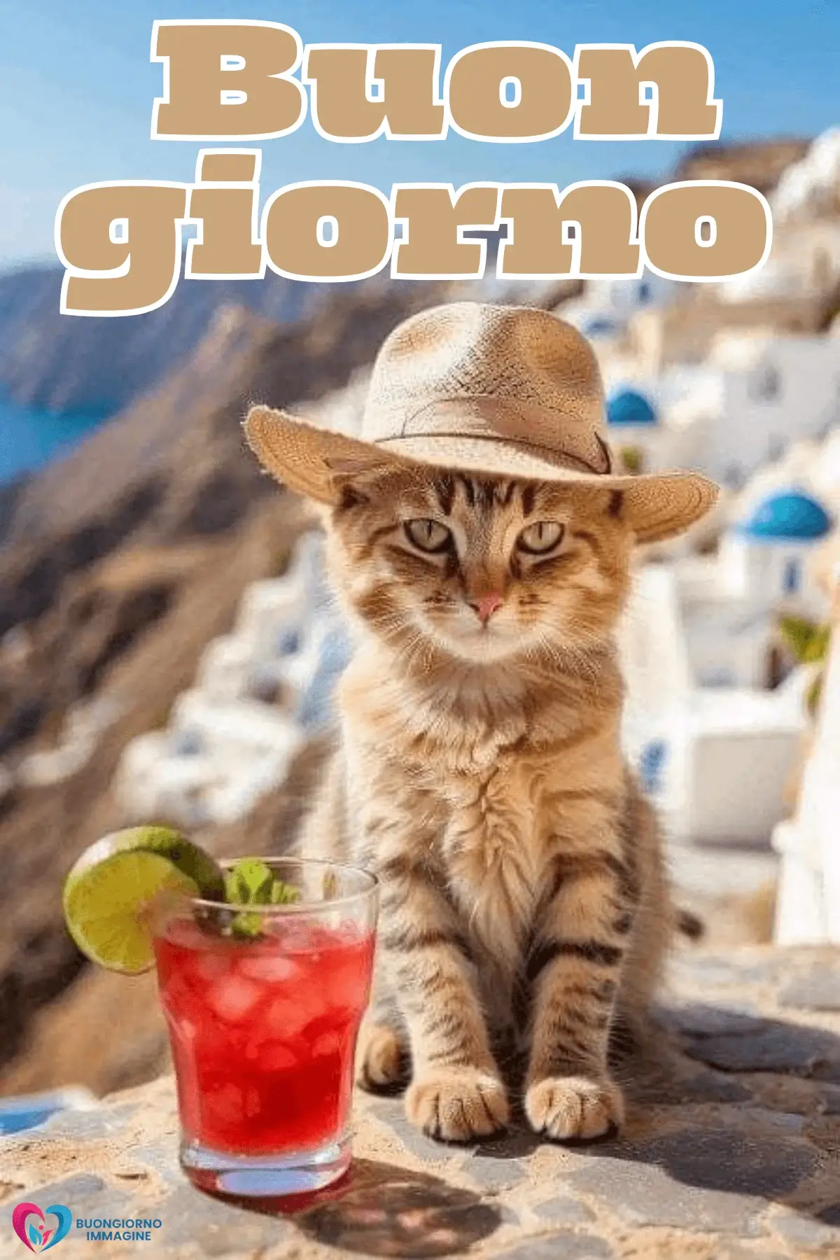 Immagini buongiorno gatto con cappello estivo