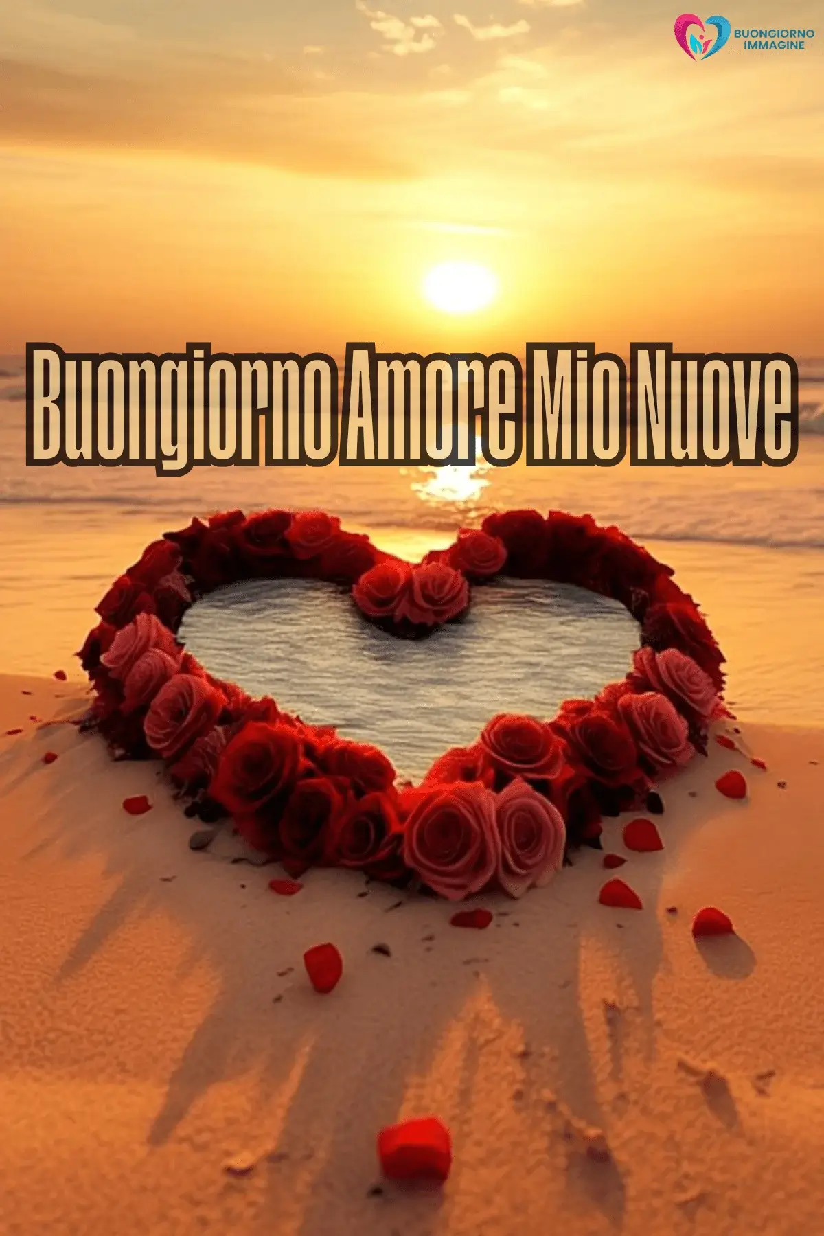 Buongiorno con cuore di rose rosse al tramonto