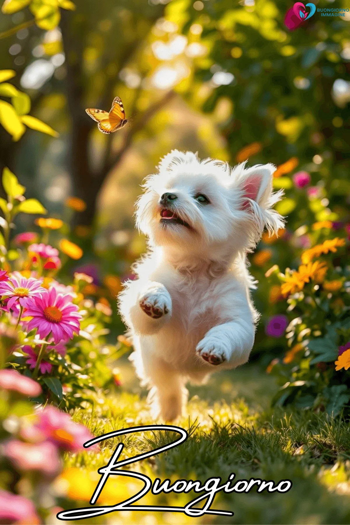 Buongiorno con cucciolo bianco tra farfalle