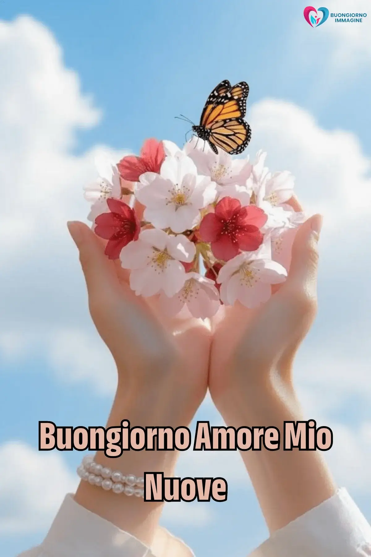Immagini buongiorno con mani e fiori rosa