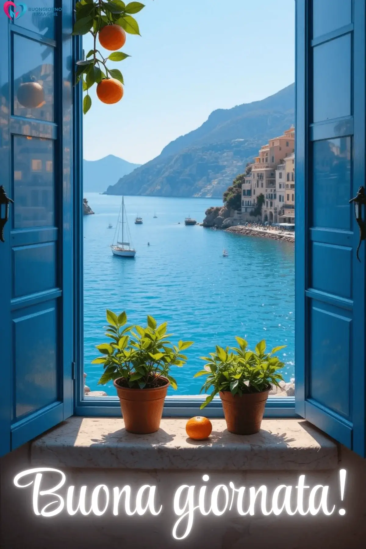 buongiorno con finestra aperta e vista mare italiana