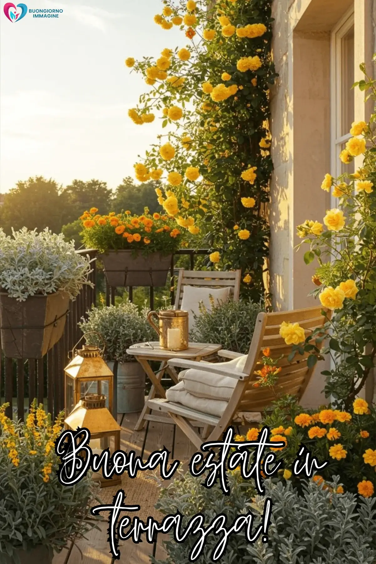 buongiorno estivo bellissimo con terrazza fiorita e poltrona luminosa