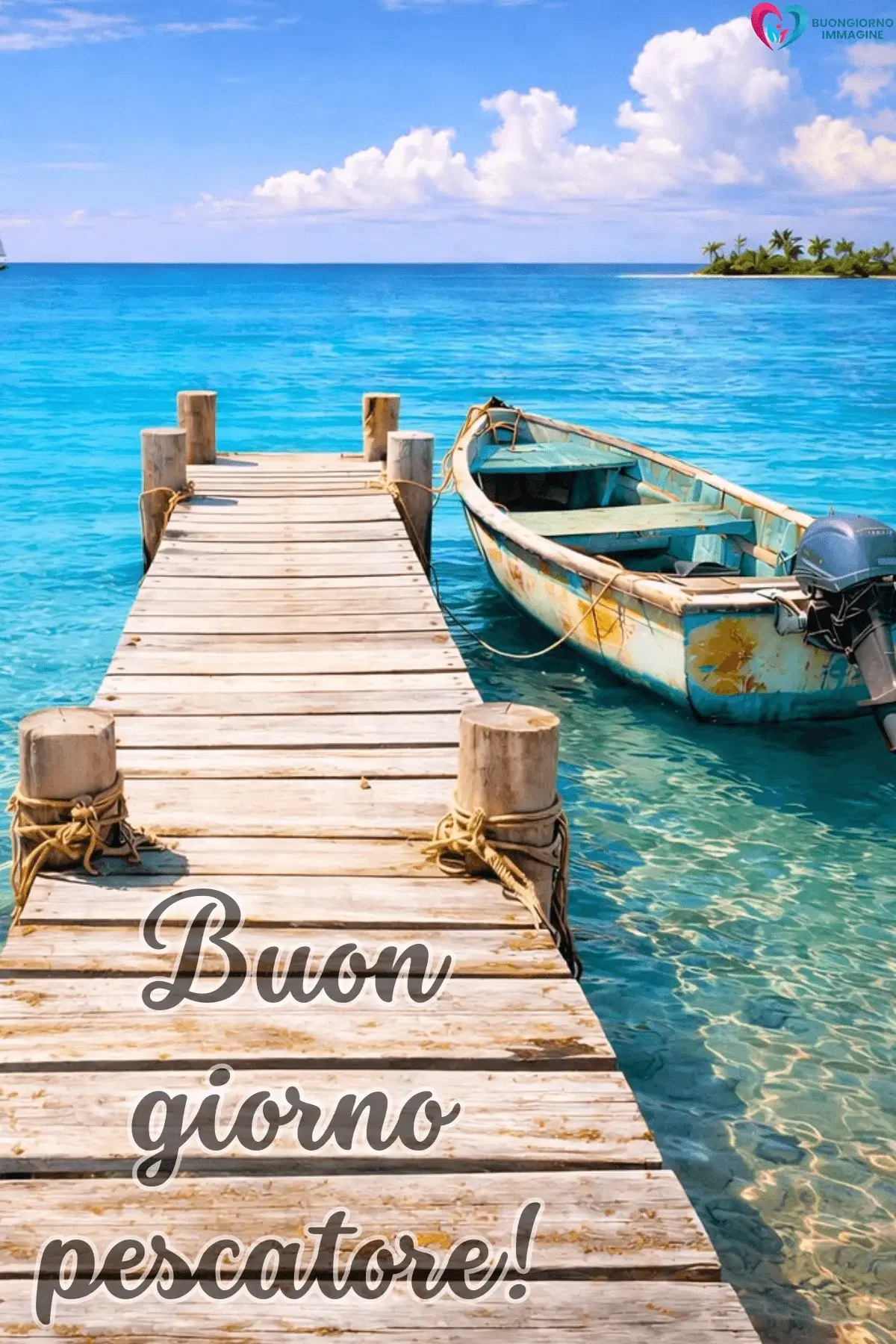 buongiorno estivo per pescatore con barca azzurra e mare cristallino