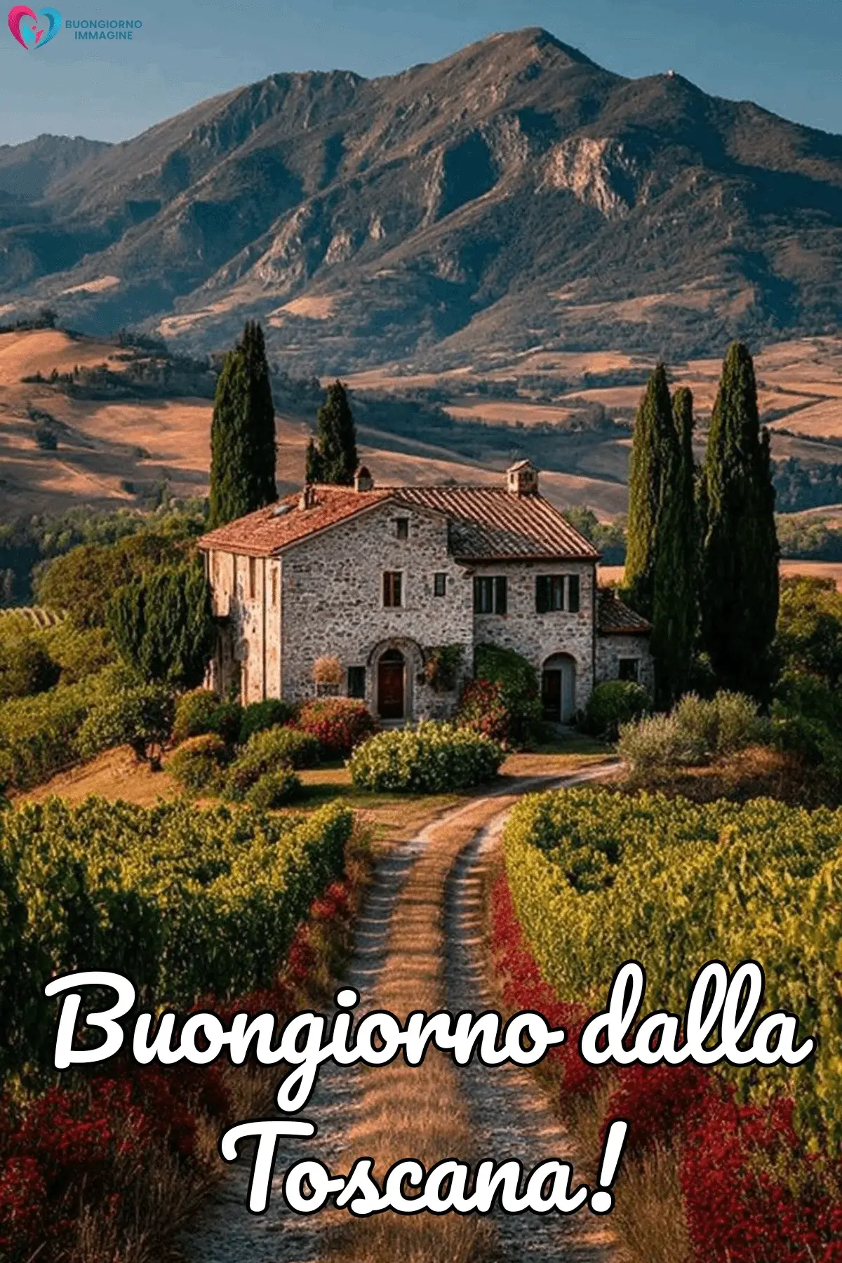buongiorno dalla Toscana con paesaggio collinare italiano