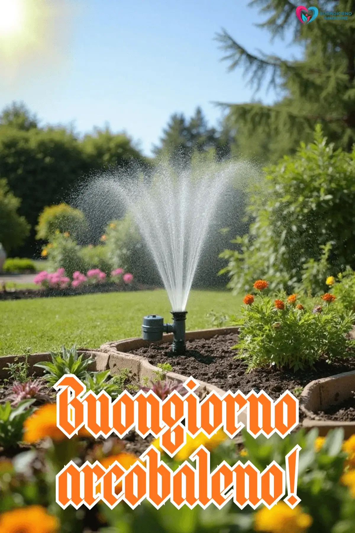 immagini buongiorno estate giardiniere irrigatore prato fiori colorati