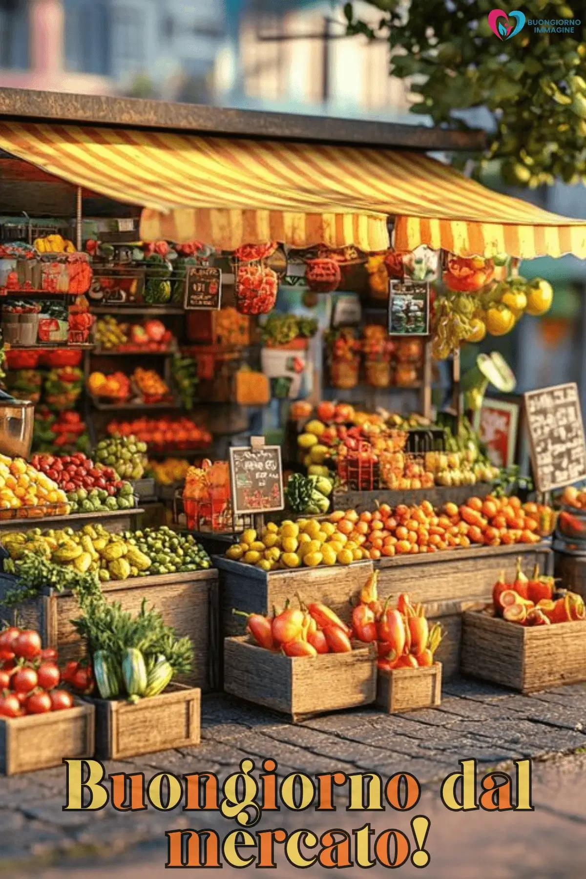 nuove immagini buongiorno estate con bancarella frutta colorata