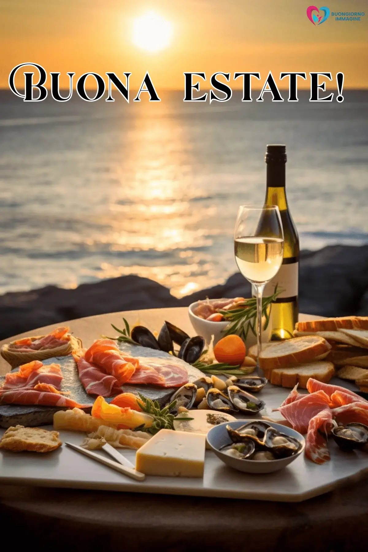 buongiorno estivo tropicale con vino bianco e formaggio al tramonto