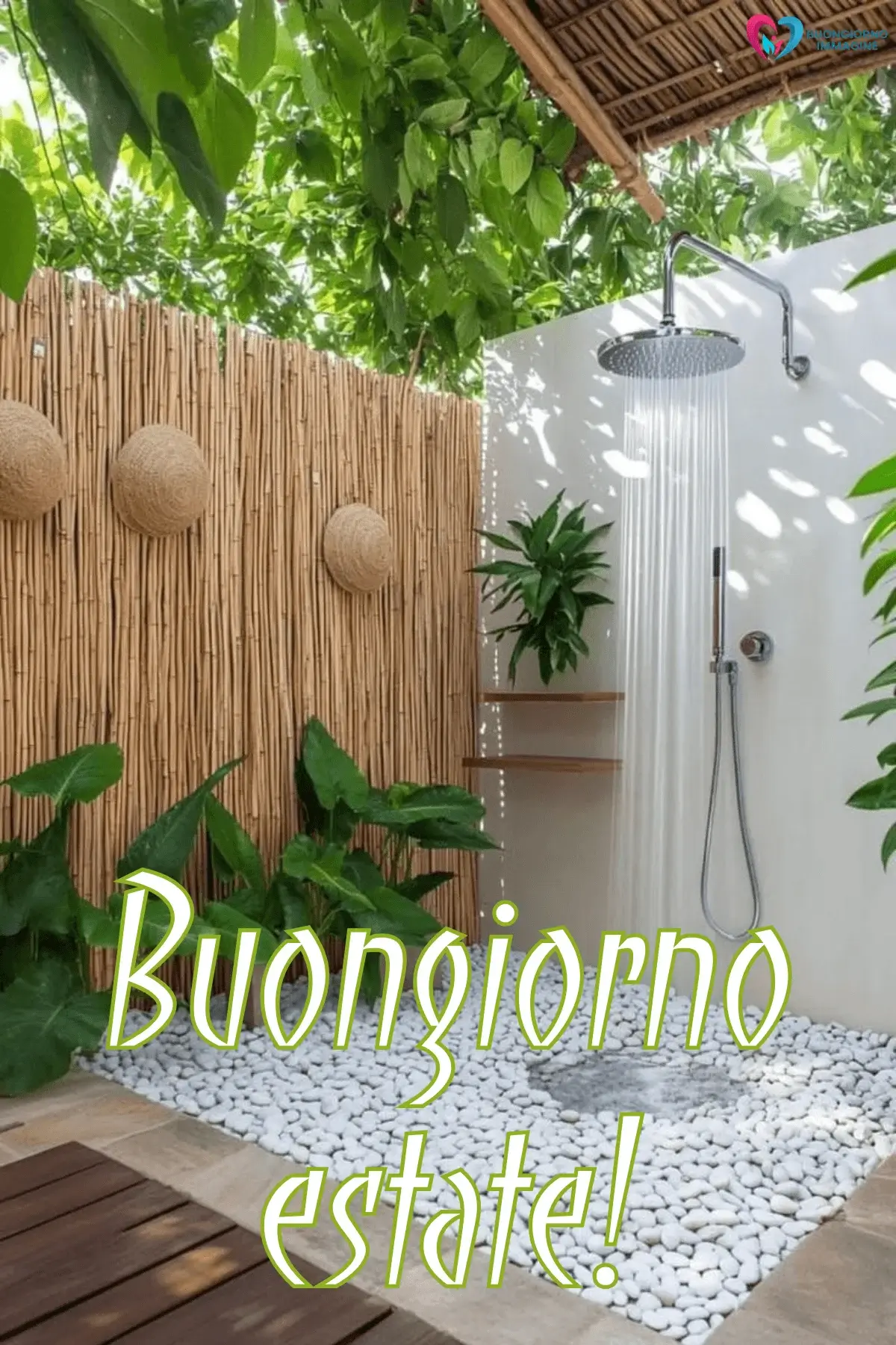 buongiorno estivo sereno doccia bambù piante sassi bianchi spa