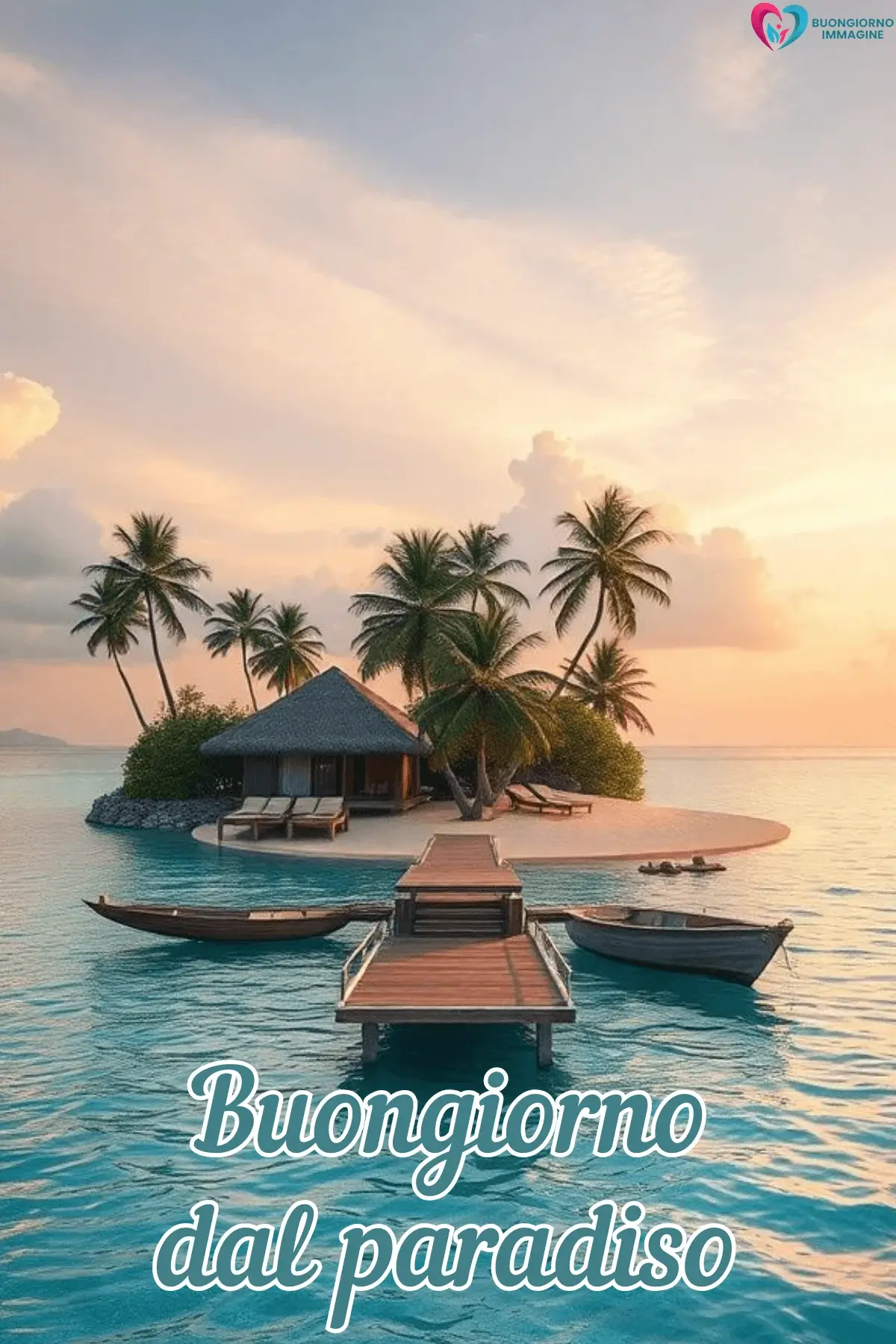 buongiorno estivo rilassante isola palme cocco capanna legno barche