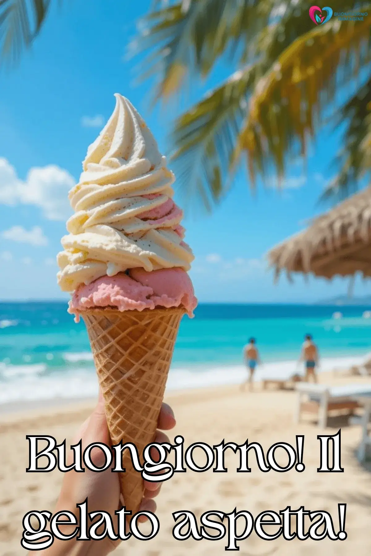 buongiorno estate whatsapp con gelato cono palme mare azzurro