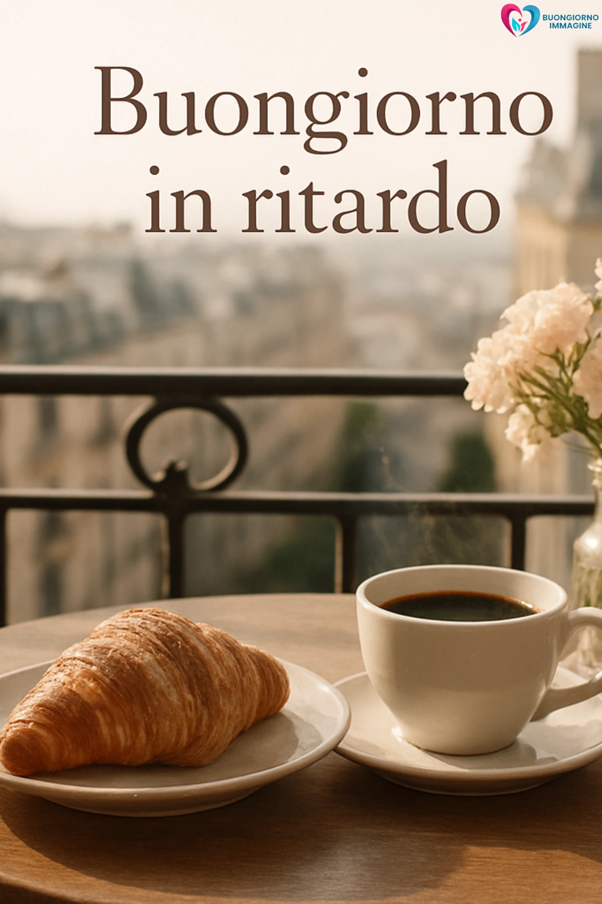 buongiorno in ritardo divertente con tazza cappuccino e croissant