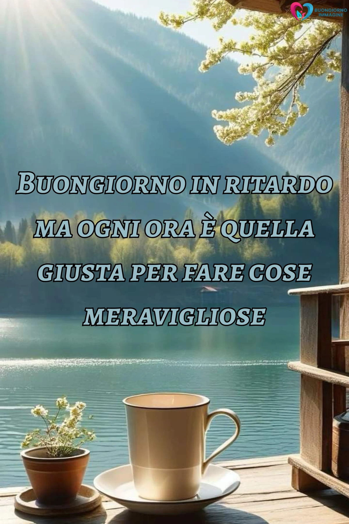 buongiorno in ritardo divertente con colazione e tazza fumante