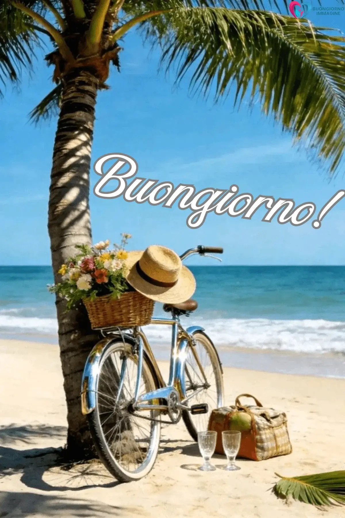 buongiorno estate tropicale bicicletta palma cappello cesto fiori