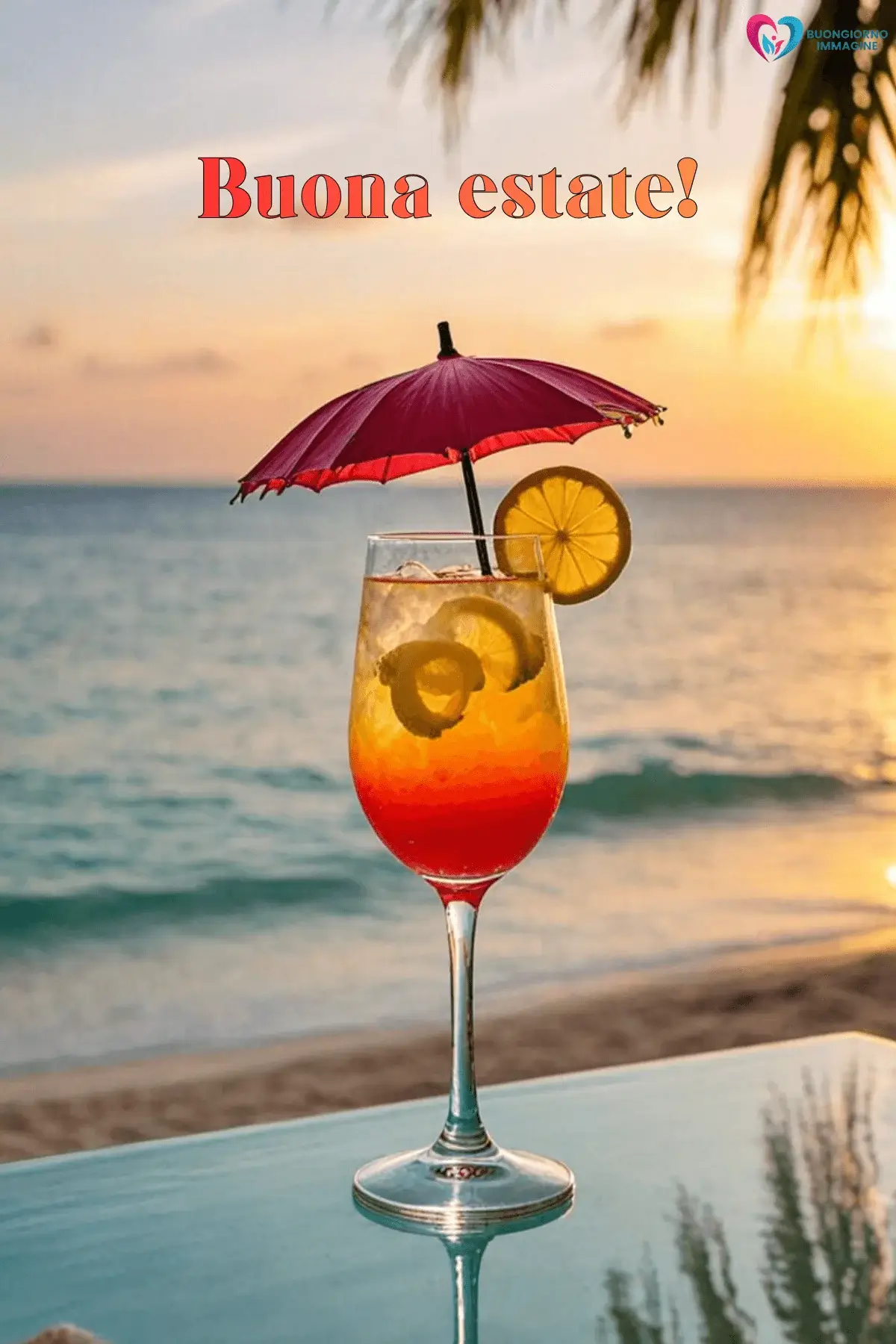 buongiorno estate whatsapp con cocktail ombrellino e palme