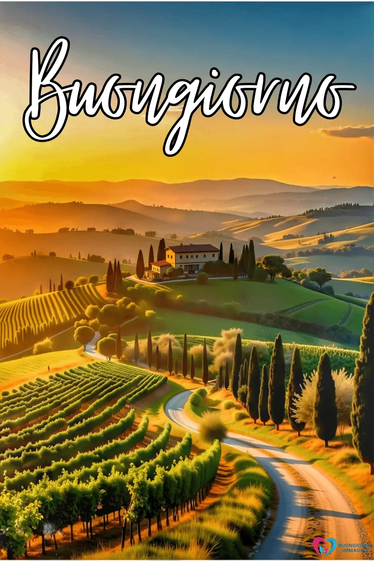 buongiorno toscano con campagna e cipressi verdi