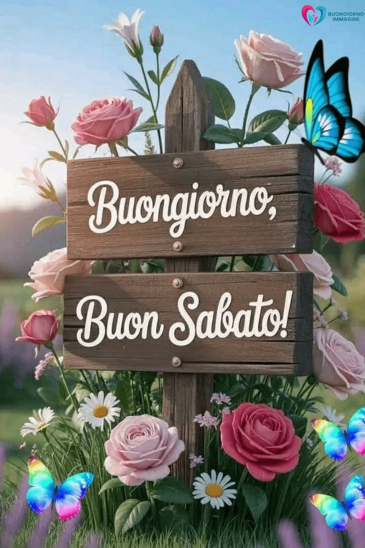 Buongiorno sabato con cartello e rose