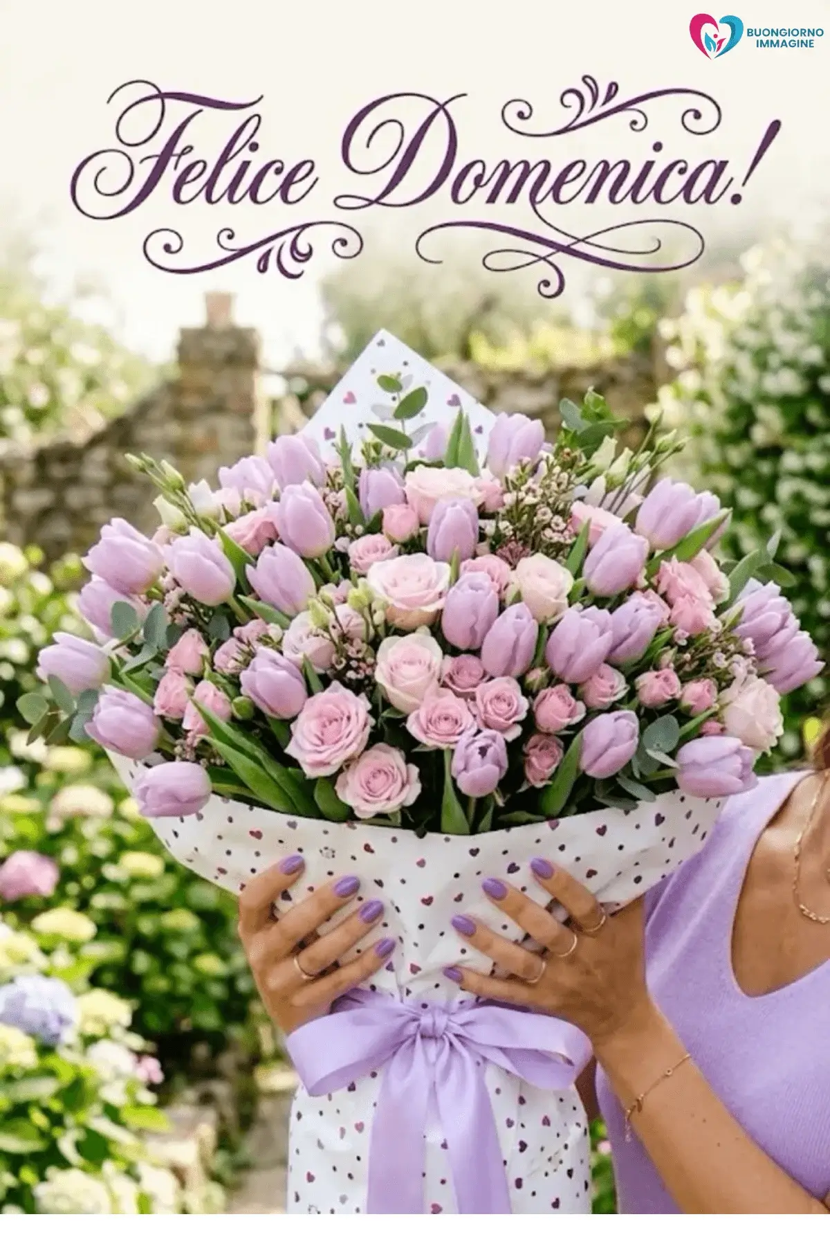 buongiorno domenica con bouquet di rose rosa