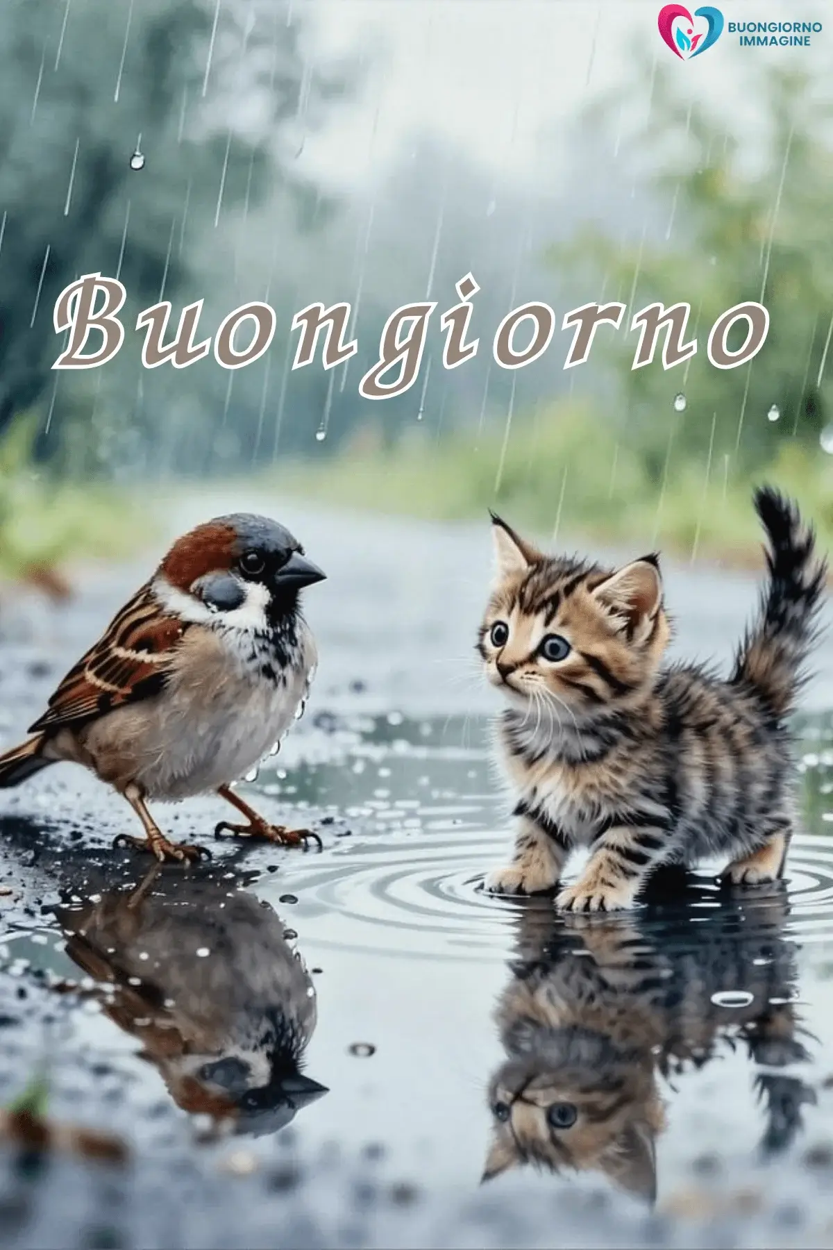 buongiorno con gattino e uccellino sotto la pioggia