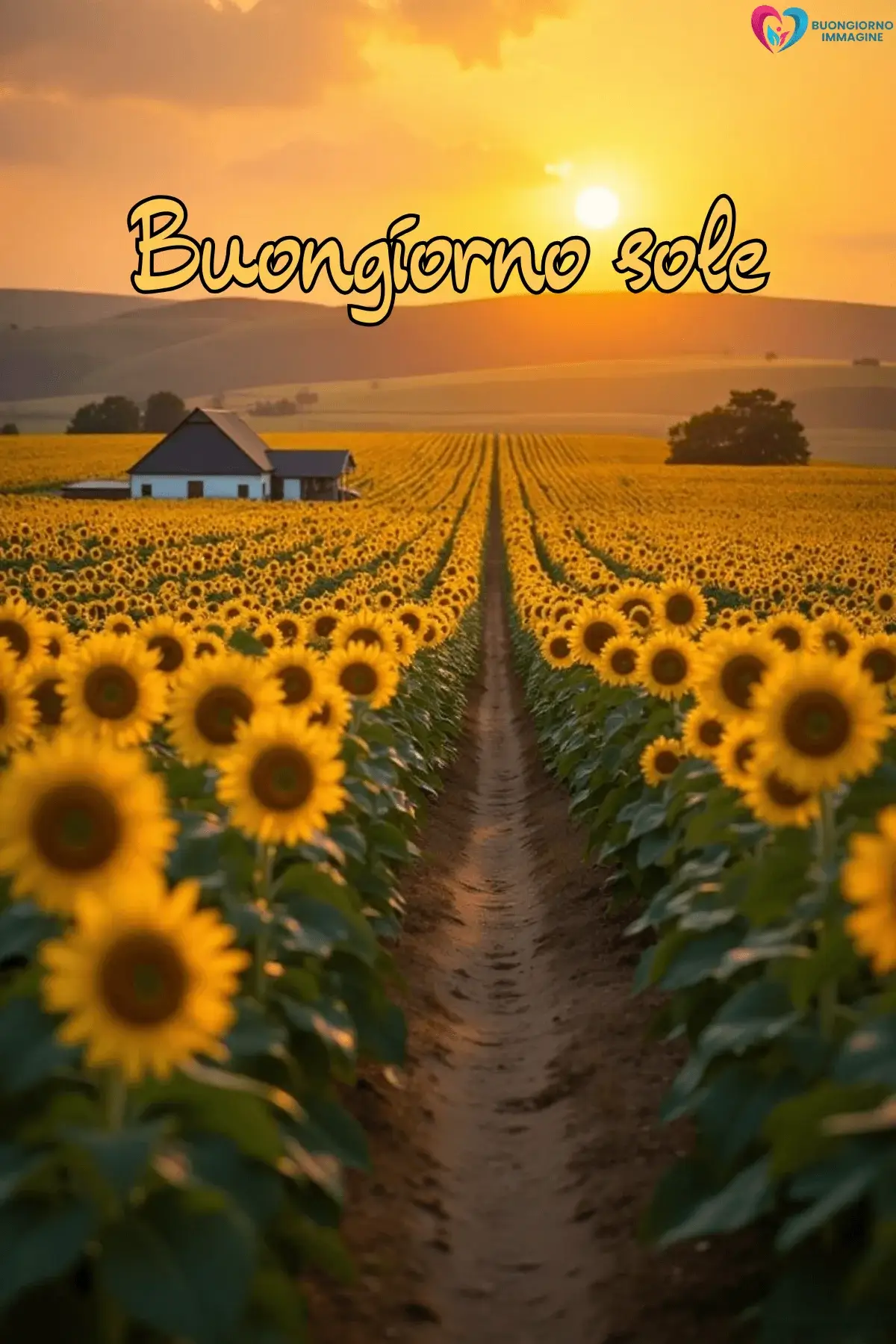 immagini buongiorno estate con girasoli campo casa tramonto bellissimo