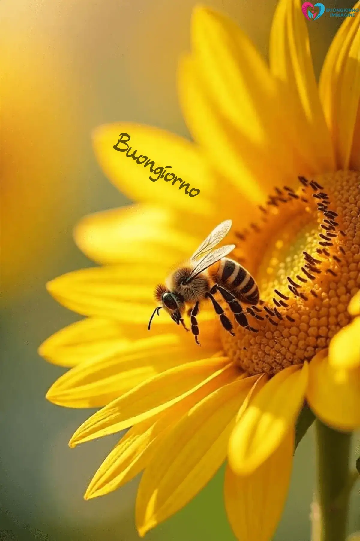 buongiorno estivo whatsapp girasole ape petali dorati luce calda