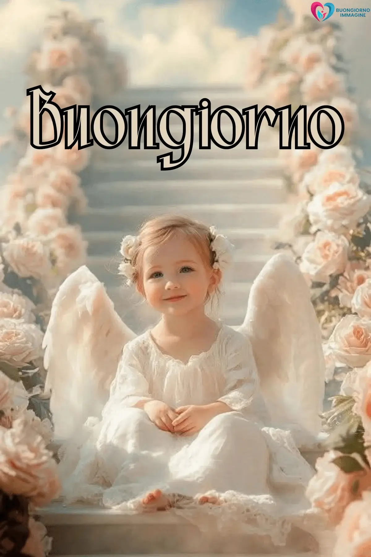 buongiorno con bambina angelo tra le nuvole