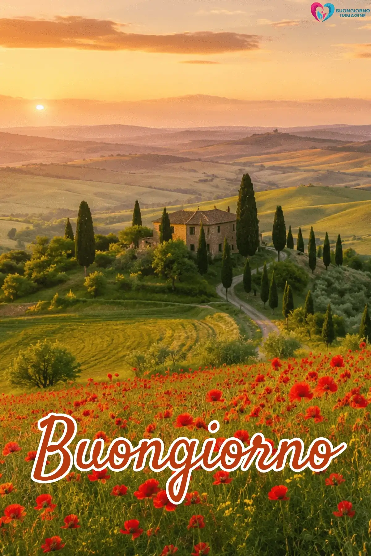 paesaggio Toscana buongiorno con casa di campagna