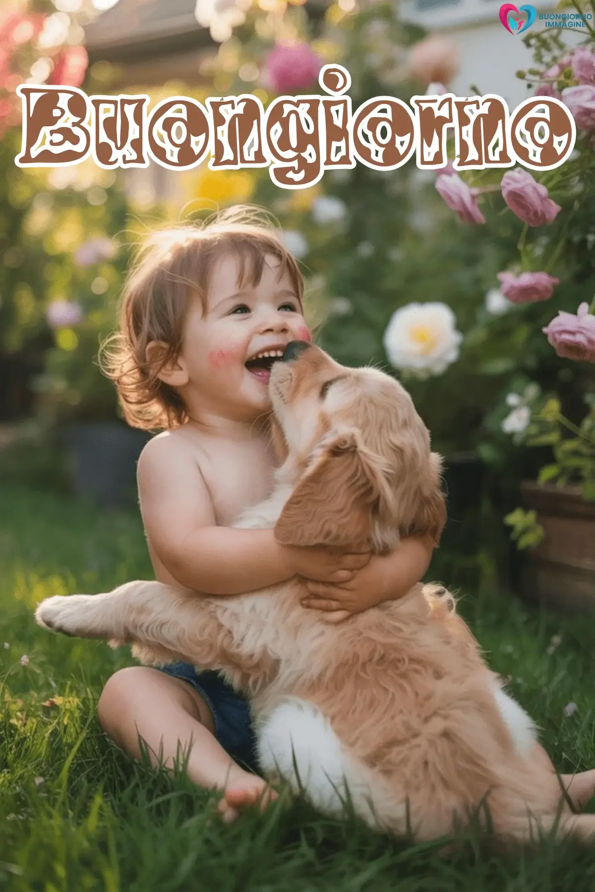 Bambino ride abbracciando un cucciolo golden in giardino fiorito, buongiorno bambini, immagini gratis per WhatsApp