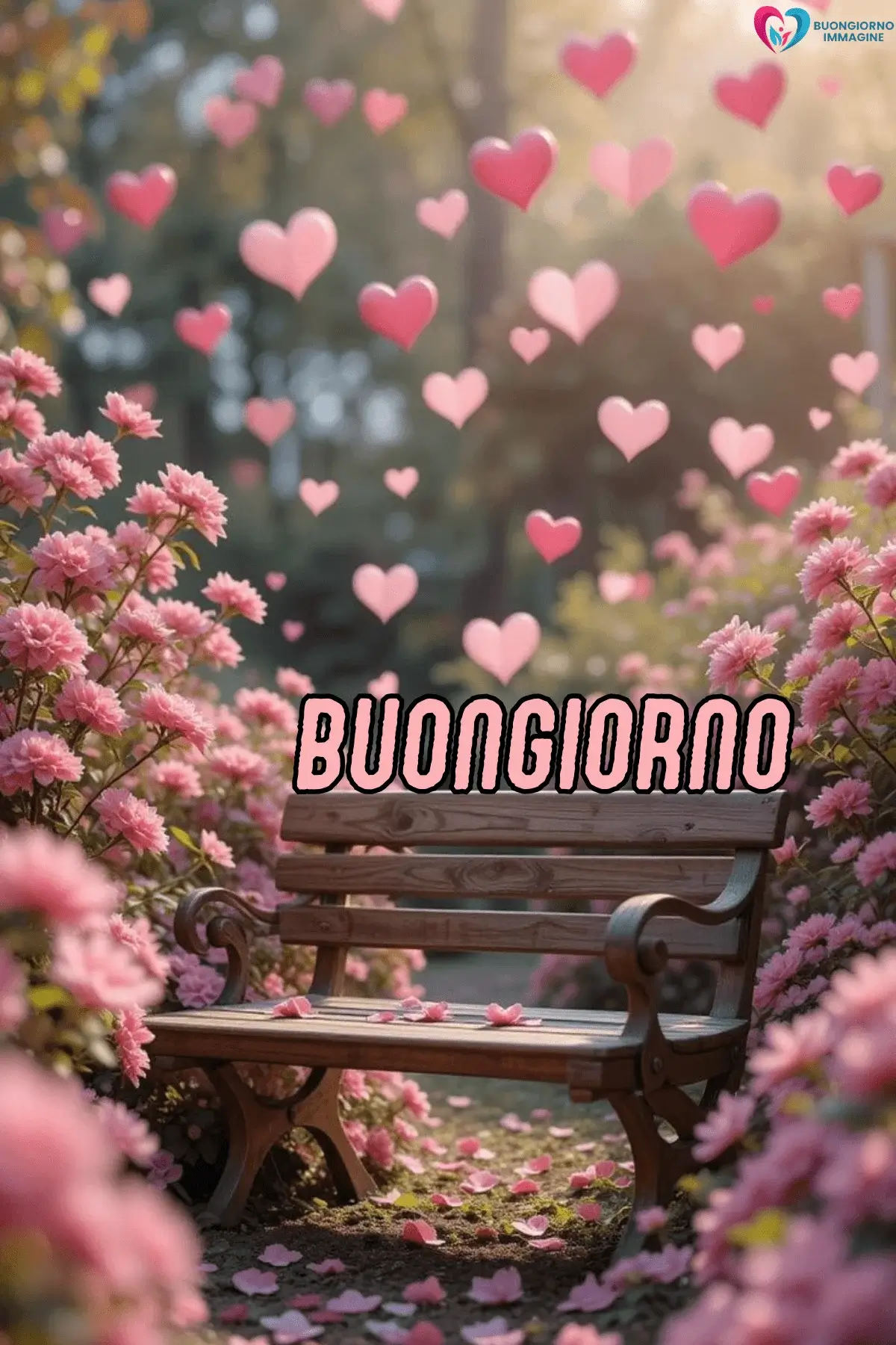 Panchina in giardino con fiori rosa e cuori fluttuanti, buongiorno cuore, immagini gratis per WhatsApp