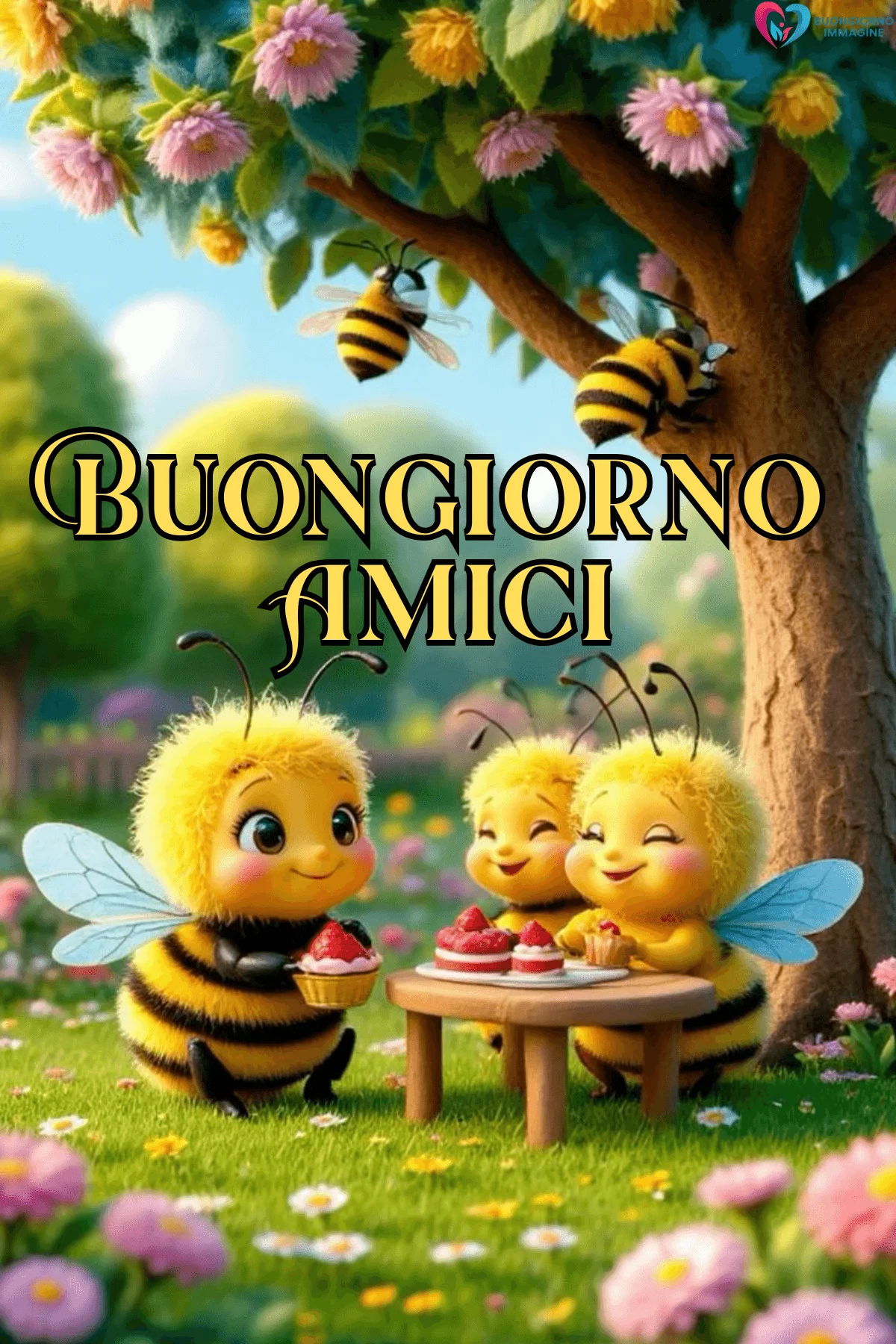 Tre apine cartoon fanno colazione con torte sotto un albero fiorito – buongiorno amici immagini gratis per WhatsApp