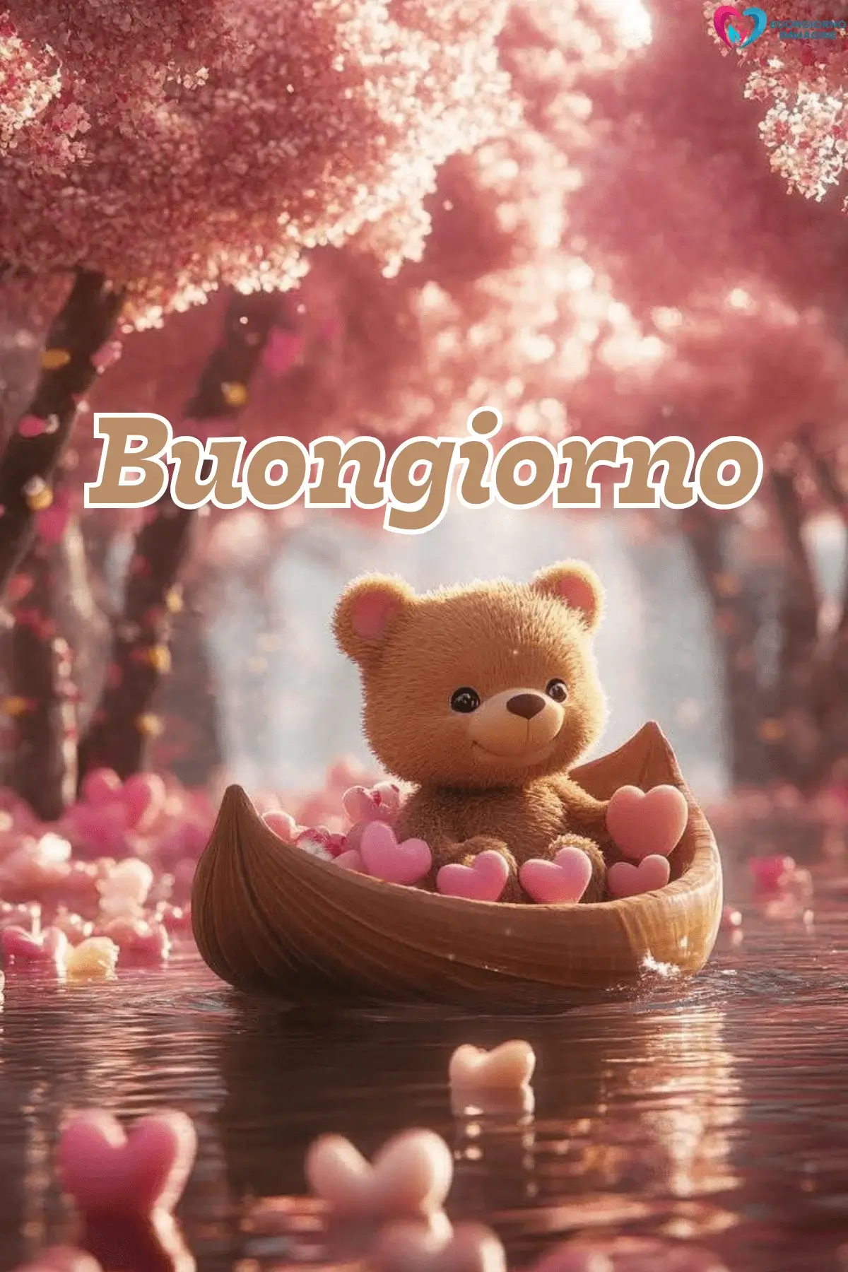Orsetto in barca con cuori rosa tra ciliegi in fiore, buongiorno cuore, immagini gratis per WhatsApp