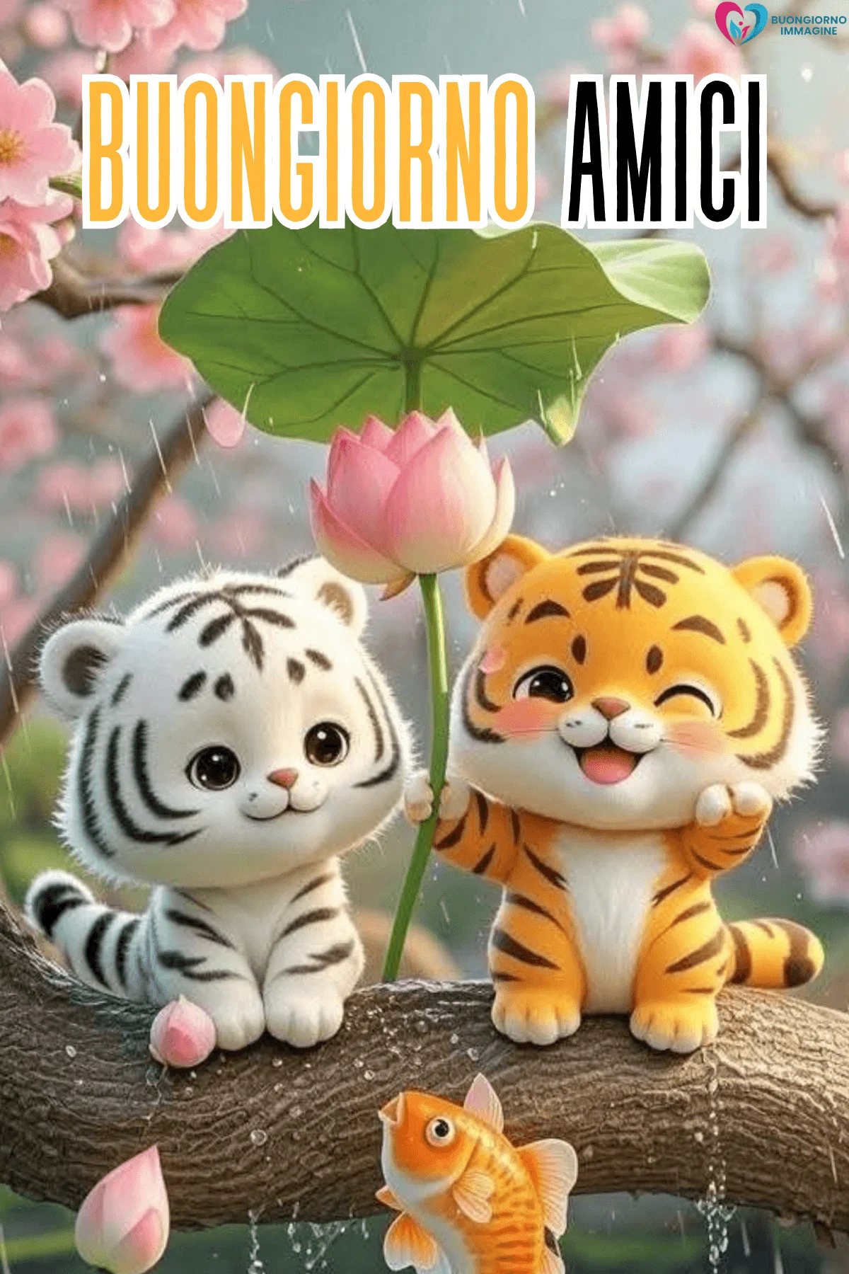 Due tigrotti animati sotto foglia di loto con fiori rosa, buongiorno amici immagini gratis per WhatsApp