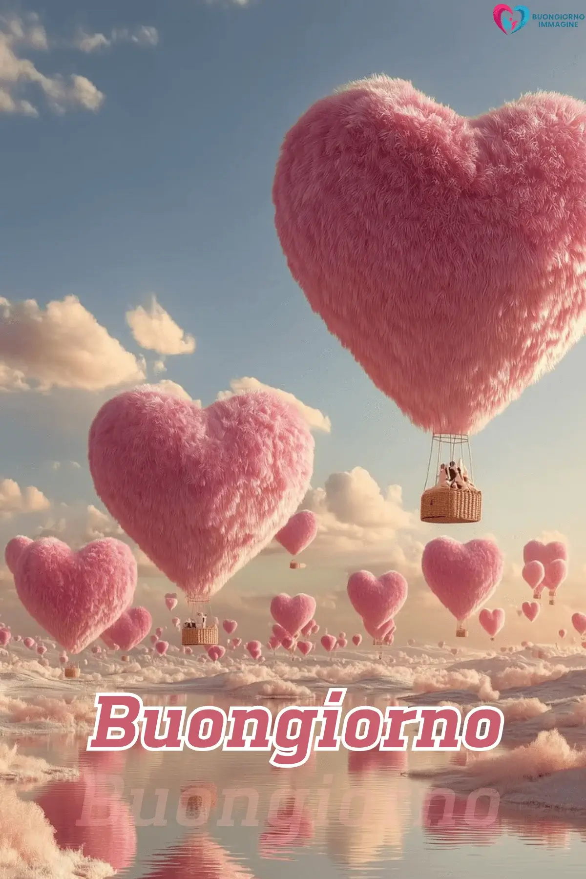 Mongolfiere a forma di cuore rosa soffice volano nel cielo, buongiorno cuore immagini gratis per WhatsApp