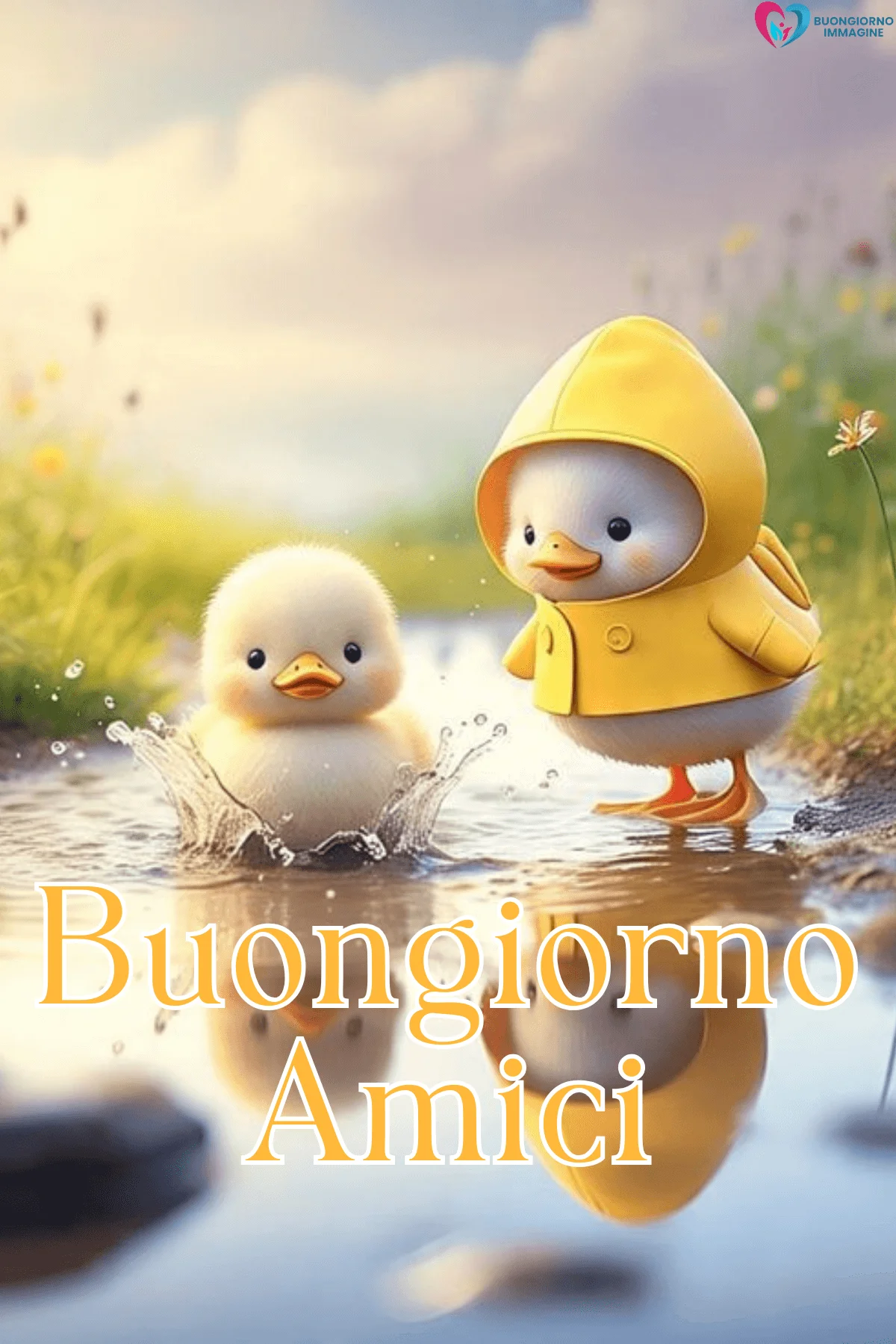 Due paperelle gialle giocano nell'acqua, buongiorno amici immagini gratis per WhatsApp