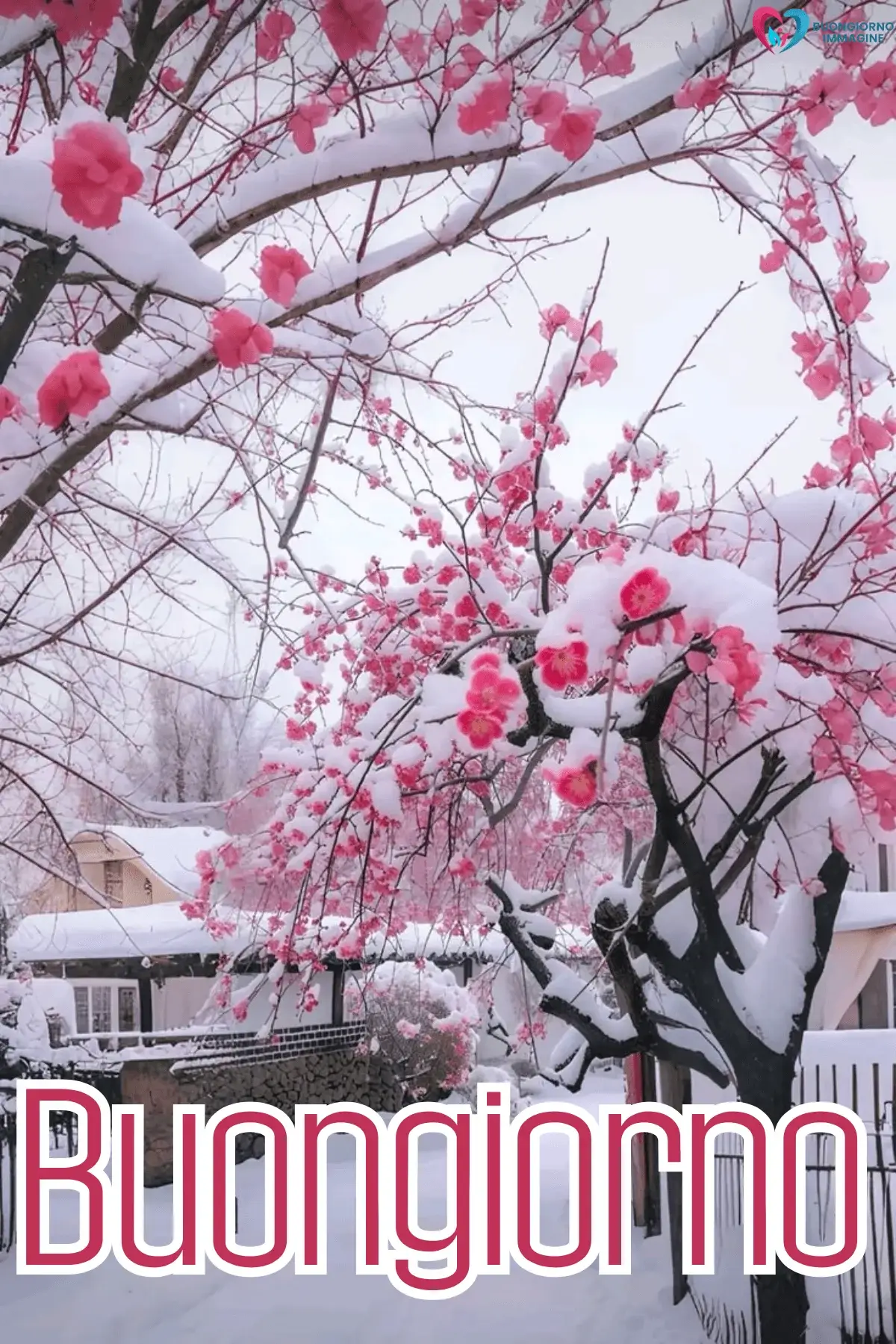 Fiori di ciliegio rosa sulla neve con case invernali, buongiorno invernale immagini gratis per WhatsApp