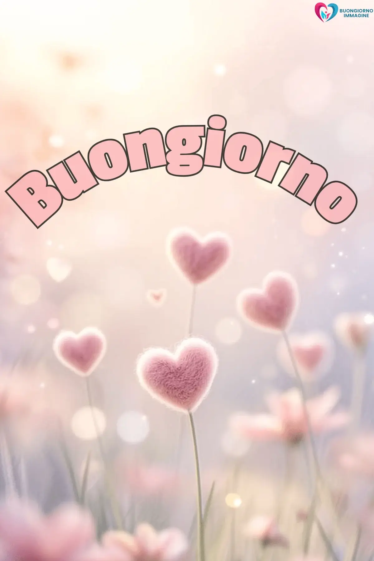 Cuori rosa morbidi su steli in campo fiorito, buongiorno cuore, immagini gratis per WhatsApp