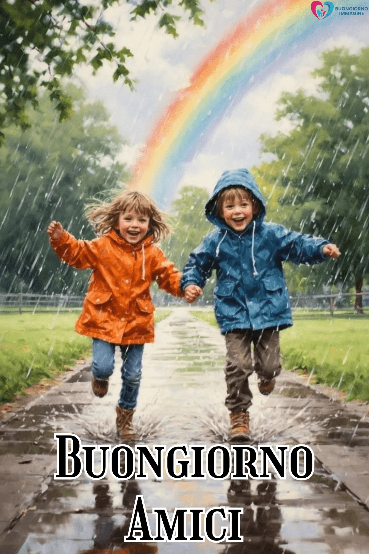 Bambini sorridenti sotto la pioggia con arcobaleno, buongiorno amici immagini gratis per WhatsApp