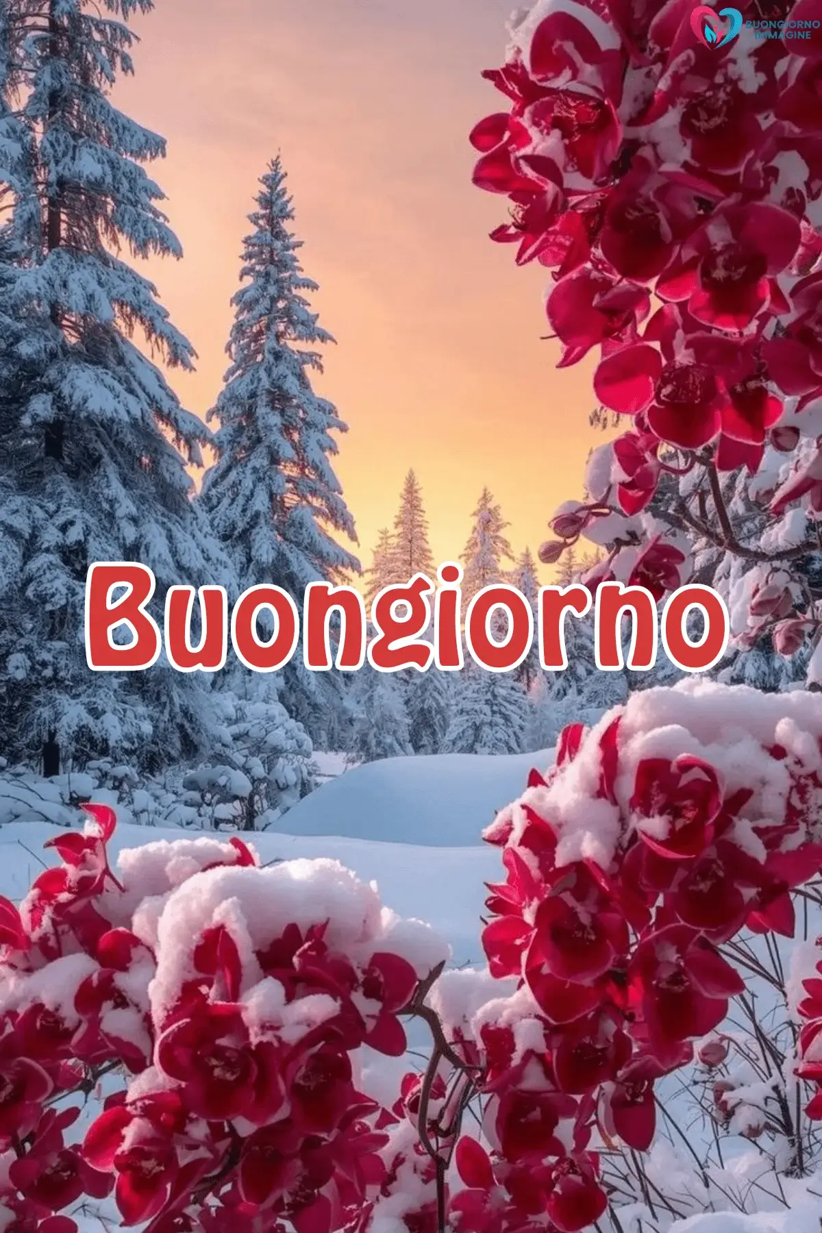 Orchidee rosse nella neve con alberi innevati al tramonto, buongiorno invernale immagini gratis per WhatsApp
