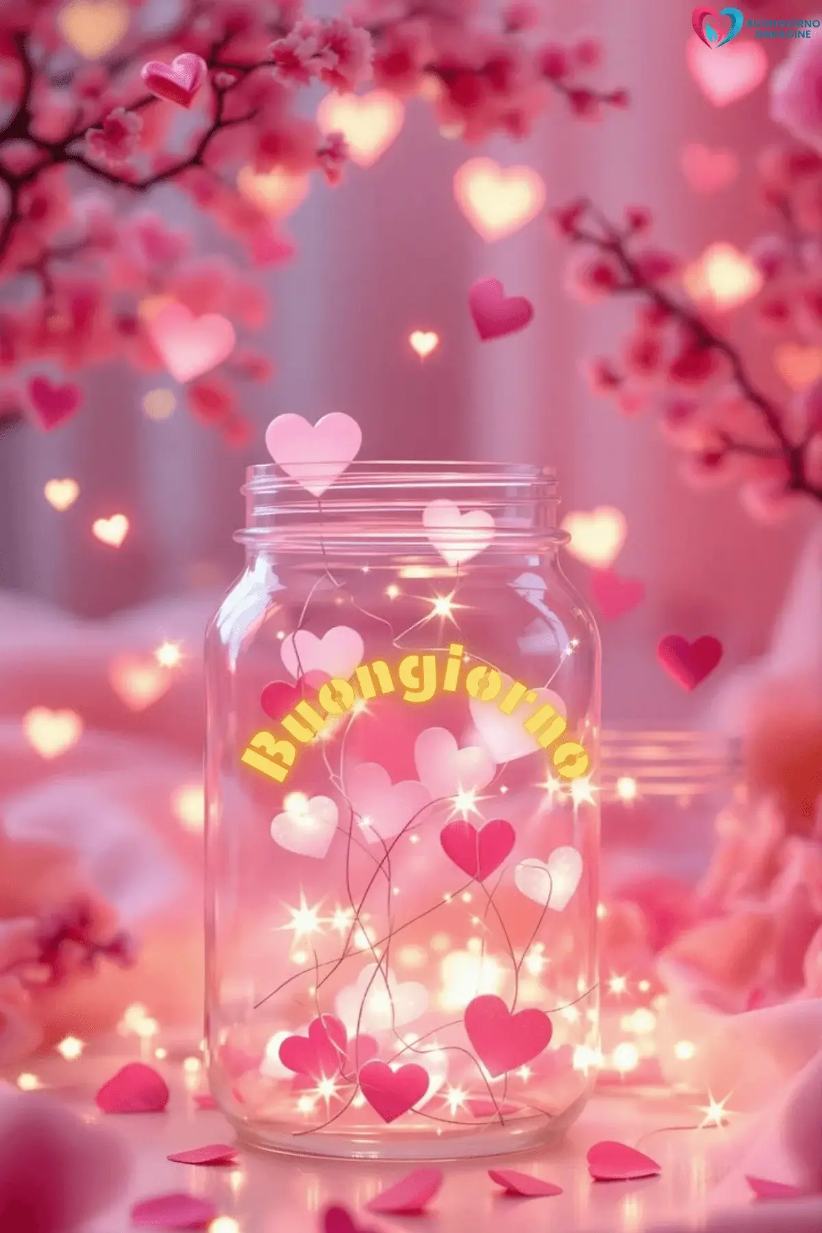 Barattolo di vetro con cuori rosa e lucine magiche, buongiorno cuore, immagini gratis per WhatsApp