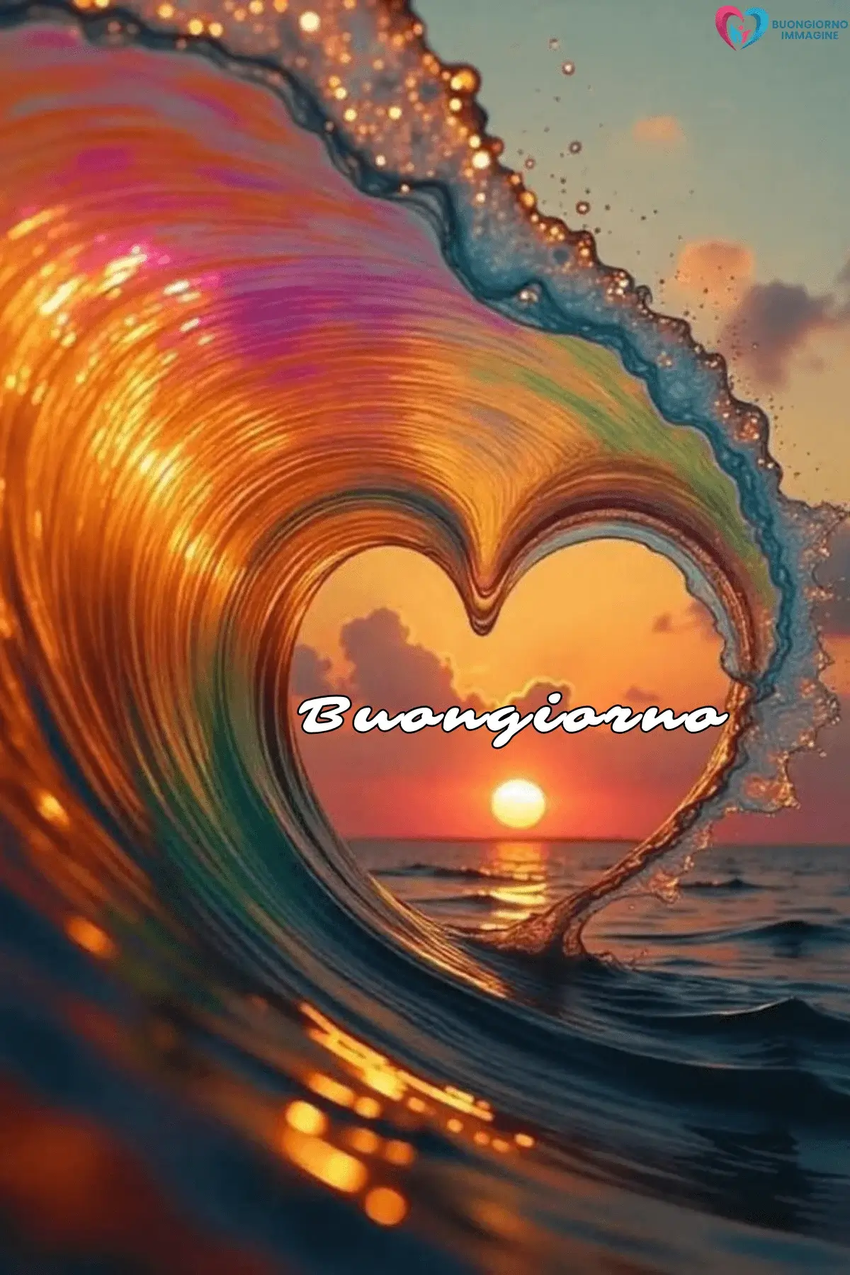 Onda del mare a forma di cuore con tramonto dorato, buongiorno cuore, immagini gratis per WhatsApp