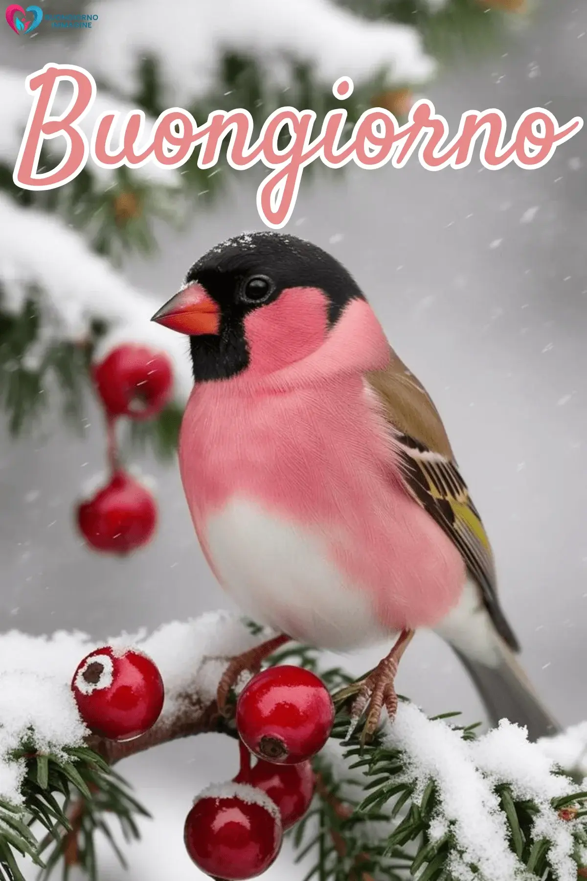 Ciuffolotto rosa su ramo innevato con bacche rosse, buongiorno invernale immagini gratis per WhatsApp