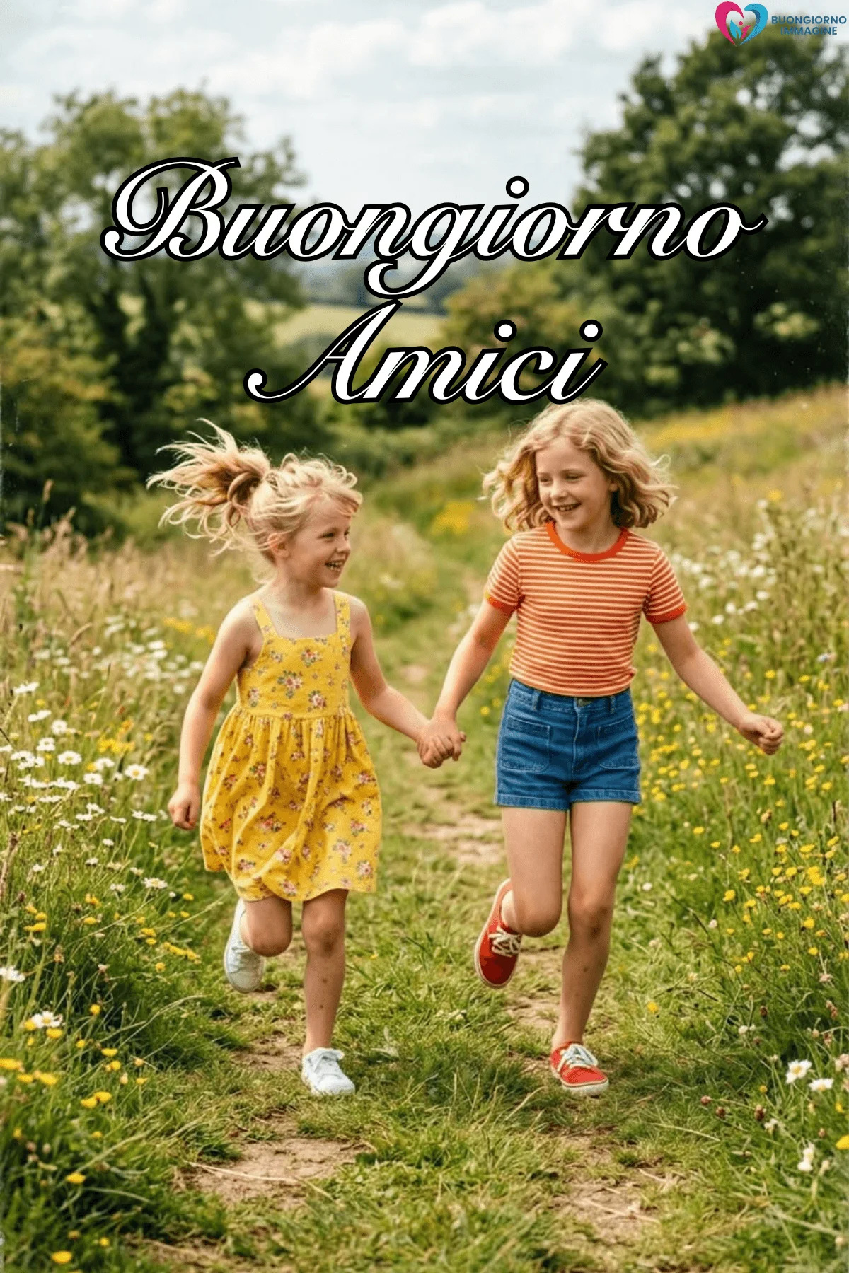 Due bambine corrono mano nella mano in un prato fiorito, buongiorno amici immagini gratis per WhatsApp