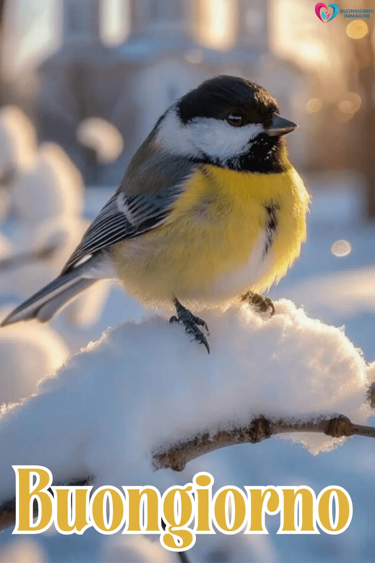 Cinciallegra su ramo innevato al sole, buongiorno invernale immagini gratis per WhatsApp