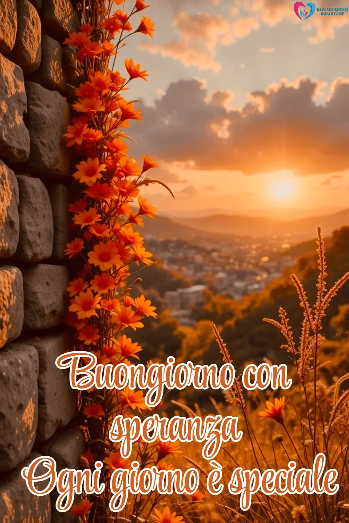 Fiori arancioni su muro di pietra al tramonto con frasi buongiorno immagini gratis per WhatsApp
