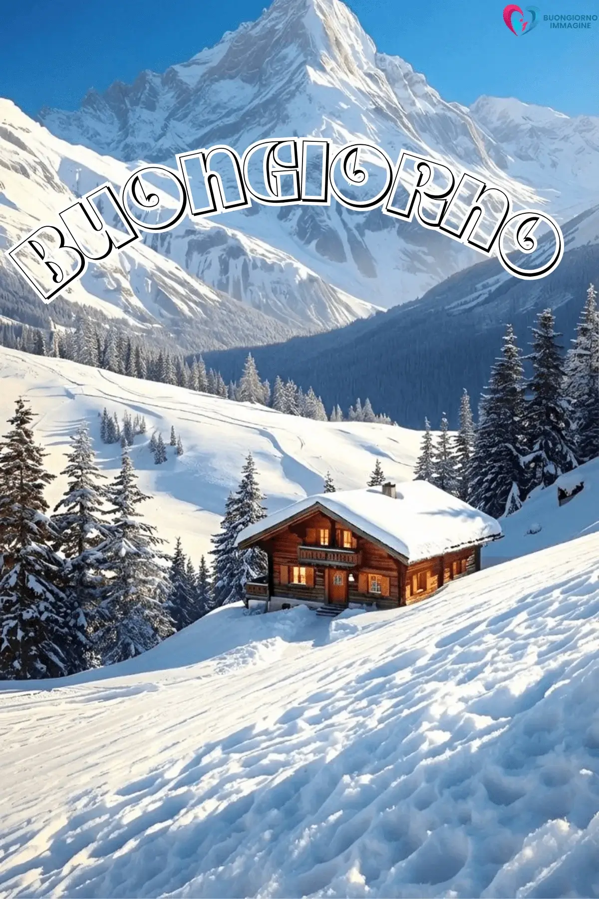 Chalet innevato tra abeti e montagne invernali, buongiorno invernale immagini gratis per WhatsApp